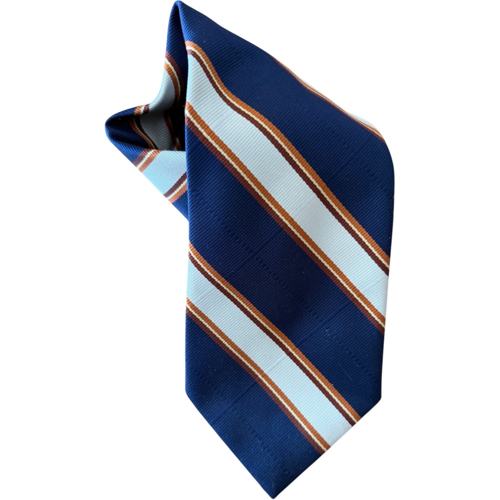 Pride of England Briar Mens Silk‎ Repp Tie Blue Cream Rust Orange Striped Vtg